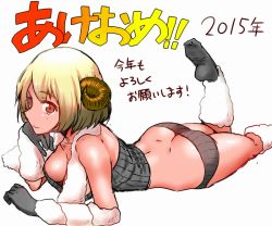  1girl amano_don ass bad_id bad_pixiv_id blonde_hair breasts butt_crack chinese_zodiac cleavage horns original red_eyes sheep_horns short_hair simple_background solo translation_request white_background year_of_the_goat  rating:Sensitive score:23 user:danbooru