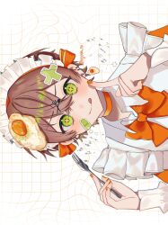  +_+ 1boy :q agato_to apron bandaid bandaid_on_cheek bandaid_on_face bow brown_hair choker collared_shirt commentary crossdressing ear_piercing earrings finger_to_cheek food fork fried_egg frills green_eyes grid_background hair_between_eyes hair_ornament hairclip highres holding holding_fork jewelry licking_lips long_sleeves maid_apron maid_headdress male_focus nail_polish orange_bow orange_nails original piercing rotated shirt smile solo symbol-only_commentary tongue tongue_out v-shaped_eyebrows white_shirt x_hair_ornament 