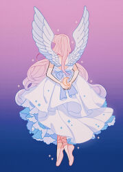  1girl absurdres angel_wings ankle_ribbon ballet_slippers bare_shoulders blue_background blue_bow bow crescent_moon dress feathered_wings feathers from_behind gradient_background gradient_hair highres holding_moon lace lace-trimmed_dress lace_trim leg_ribbon meyoco moon multicolored_hair original pink_background pink_footwear pink_hair pink_ribbon ribbon sleeveless sleeveless_dress solo sparkle waist_bow white_dress white_feathers white_hair white_wings wings 