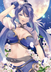  1girl blue_background blurry blurry_foreground breasts commentary_request eyelashes falling_petals flower full_moon hair_between_eyes hanasakuraya highres holding holding_polearm holding_weapon judith_(tales) large_breasts looking_at_viewer moon petals pink_flower polearm purple_eyes purple_hair smile solo spear tales_of_(series) tales_of_vesperia weapon 