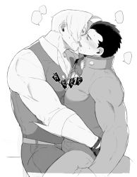  2boys bara black_hair blush breath bulge closed_eyes couple french_kiss frottage gloves greyscale hug ichimonji_batsu justice_gakuen kiss large_pectorals leg_between_thighs long_sleeves male_focus monochrome multiple_boys muscular nabana_(bnnbnn) open_clothes open_shirt parted_bangs pectoral_cleavage pectoral_docking pectoral_press pectorals roy_bromwell short_hair sound_effects speech_bubble thick_thighs thighs yaoi 