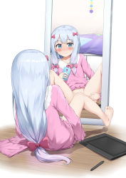 1girl absurdres bare_legs barefoot blue_eyes blush body_exploration bottomless bow breasts cellphone closed_mouth commentary_request convenient_censoring convenient_leg drawing_tablet eromanga_sensei full-length_mirror full_body groin hair_bow hand_on_own_thigh highres holding holding_phone indoors izumi_sagiri knees_up loli long_hair looking_at_mirror low-tied_long_hair mirror nedia_(nedia_region) nervous_smile on_floor pajamas phone pink_bow pink_shirt reflection shirt shorts sidelocks silver_hair sitting sleepwear small_breasts smile solo spread_legs straight_hair stylus thighs unworn_shorts wooden_floor rating:Questionable score:164 user:danbooru