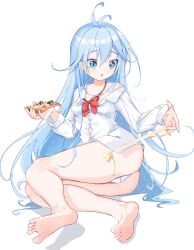  1girl antenna_hair ass barefoot blue_eyes blue_hair bow bowtie button_gap cheese cheese_trail collared_shirt denpa_onna_to_seishun_otoko eason870408 feet food full_body highres holding holding_food knees_together_feet_apart legs long_hair long_sleeves looking_down lying off_shoulder on_side open_mouth panties pizza pizza_slice shirt soles solo spread_toes toes touwa_erio underwear undone_bowtie very_long_hair 