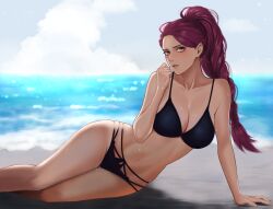  1girl alternate_costume beach bikini breasts cleavage cloud commission commissioner_upload fire_emblem fire_emblem:_three_houses large_breasts looking_at_viewer lying nintendo on_side petra_macneary ponytail skeb_commission solo swimsuit tori_art07 water 