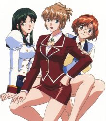  1990s_(style) 3girls agent_aika aida_rion aika_(series) ascot bare_legs blue_eyes brooch brown_eyes brown_hair cropped_legs crystal_earrings delmo_commander earrings expressionless green_eyes grey_background hairband hand_on_own_hip hand_on_own_thigh highres invisible_chair jewelry juliet_sleeves light_brown_hair long_hair long_sleeves looking_at_viewer miniskirt multiple_girls official_art open_mouth panties pantyshot pencil_skirt puffy_sleeves red_skirt retro_artstyle rimless_eyewear round_eyewear short_hair sidelocks simple_background sitting skirt smile sumeragi_aika underwear vest white_delmo yamauchi_noriyasu 