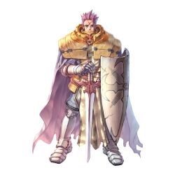  1boy 2000s_(style) armor armored_boots boots breastplate cape closed_mouth cross cross_scar crusader_(ragnarok_online) frown full_body gauntlets highres holding holding_shield holding_sword holding_weapon long_sleeves looking_at_viewer male_focus myung-jin_lee official_art pauldrons purple_cape purple_hair ragnarok_online scar scar_on_face shield short_hair shoulder_armor simple_background solo spiked_hair standing sword tabard tachi-e transparent_background weapon  rating:General score:3 user:danbooru