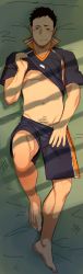  10s 1boy bara barefoot black_hair body_hair clothes_lift clothes_pull full_body haikyuu!! itto_(mentaiko) looking_at_viewer lying male_focus nipples sawamura_daichi shirt_lift smile solo spiked_hair tagme thighs undressing  rating:Sensitive score:12 user:harucho