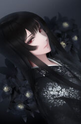  1girl black_hair black_kimono closed_mouth commentary dutch_angle erise eyelashes floral_print flower from_side highres hime_cut japanese_clothes kimono long_hair looking_at_viewer original portrait red_eyes sidelocks solo upper_body 