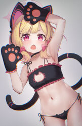 1girl animal_ear_headphones animal_ears animal_hands arm_up armpits bell black_choker blonde_hair blue_archive blush bow breasts cat_ears cat_lingerie cat_tail choker collarbone commentary cowboy_shot fake_animal_ears fake_tail gloves grey_background hair_bow halo hand_up headphones highres jingle_bell low-tied_sidelocks meme_attire momoi_(blue_archive) navel neck_bell open_mouth paid_reward_available panties paw_gloves pink_bow pink_eyes pink_halo saebashi short_hair side-tie_panties simple_background small_breasts solo stomach sweat tail underwear rating:Sensitive score:57 user:danbooru