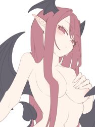  1girl areola_slip black_wings blush breasts cleavage closed_mouth commentary_request completely_nude demon_girl demon_tail demon_wings expressionless garasuno hair_intakes hair_over_breasts hair_over_one_breast head_tilt head_wings koakuma long_hair looking_at_viewer medium_bangs medium_breasts muted_color nude pointy_ears red_eyes red_hair sidelocks simple_background solo tail touhou upper_body white_background wing_censor wings 