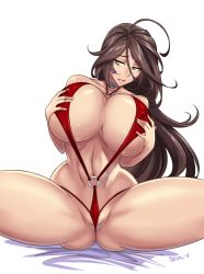  1girl aa_megami-sama absurdres aged_up ahoge black_hair breasts_squeezed_together breasts cameltoe covered_erect_nipples devil-v facial_mark forehead_mark hands_on_own_chest highres huge_breasts long_hair looking_to_the_side navel o-ring o-ring_swimsuit sitting skuld_(aa_megami-sama) slingshot_swimsuit spread_legs swimsuit thick_thighs thighs very_long_hair yellow_eyes  rating:Questionable score:115 user:danbooru