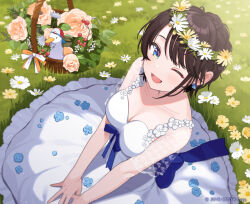  1girl :d alternate_costume back_bow bare_shoulders black_hair blue_bow blush bow breasts cleavage collarbone commentary_request copyright_notice dress head_wreath hololive large_bow looking_at_viewer official_art on_ground one_eye_closed oozora_subaru open_mouth see-through see-through_sleeves shigure_ui short_hair short_sleeves smile solo subaru_duck virtual_youtuber white_dress 