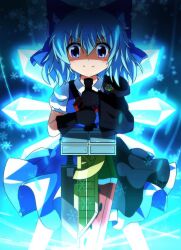 1girl advent_cirno anime_coloring black_gloves blue_bow blue_dress blue_eyes blue_hair bow cirno closed_mouth detached_wings dress feet_out_of_frame fusion_swords gloves hair_bow highres holding holding_sword holding_weapon ice ice_wings looking_at_viewer short_hair short_sleeves solo standing sword touhou v-shaped_eyebrows weapon wings yatsuchi_(mi) 