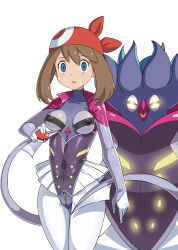  1girl 1other big_hair blue_eyes blush breastless_clothes breastless_leotard breasts brown_hair cameltoe cleft_of_venus corruption cosplay creatures_(company) expressionless game_freak gen_6_pokemon gozaru highres holding holding_poke_ball huge_breasts hypnosis leotard looking_at_viewer malamar malamar_(cosplay) may_(pokemon) mind_control neon_lights nintendo nipples no_humans poke_ball pokemon pokemon_(creature) pokemon_rse revealing_clothes see-through see-through_leotard shiny_skin smile tentacles wide_hips yellow_eyes 