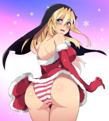 1girl alternate_costume aqua_eyes ass back bare_shoulders blonde_hair commentary_request dress elbow_gloves gloves goeniko gradient_background habit highres legs long_hair looking_at_viewer looking_back m.u.g.e.n nun open_mouth panties puchi-pochi red_dress red_gloves santa_costume shiny_skin shoulder_blades sleeveless sleeveless_dress snowflakes solo striped_clothes striped_panties sweat the_king_of_fighters thighs underwear