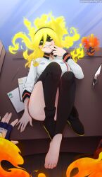  1boy 1girl ankle_boots ass barefoot black_hairband black_thighhighs boku_no_hero_academia boots breasts burnin_(boku_no_hero_academia) buttons clenched_teeth collared_dress convenient_leg crazy_eyes desk double-breasted dress endeavor_(boku_no_hero_academia) eye_mask eyebrows_visible_through_mask feet female_focus fiery_hair fingernails fingers_to_mouth fire from_above full_body garter_straps gradient_hair green_fire green_hair hair_between_eyes hair_ornament hairband highres indoors jacket kamiji_moe knees_to_chest large_breasts legs long_bangs long_hair long_sleeves looking_at_another mask multicolored_hair mycrys neck on_desk open_clothes open_dress ponytail short_dress sidelocks single_boot sitting smirk stirrup_legwear suit_jacket teeth thighhighs thighs toeless_legwear toenails toes unworn_boots unworn_footwear v-shaped_eyebrows white_dress wide_ponytail yellow_eyes 
