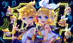  &gt;_&lt; 4boys 4girls :o :q anniversary arm_up arms_behind_back backlighting bare_shoulders bass_clef belt black_background black_sailor_collar black_sleeves blonde_hair blue_eyes blush_stickers bow bow_hairband chibi closed_eyes collared_shirt commentary detached_sleeves dot_mouth floating grey_sailor_collar grey_sleeves hair_bow hairband hands_on_another&#039;s_shoulders harusamesyota headphones high_collar highres jitome kagamine_len kagamine_len_(append) kagamine_len_(vocaloid4) kagamine_rin kagamine_rin_(append) kagamine_rin_(vocaloid4) looking_at_viewer mini_person miniboy minigirl multiple_boys multiple_girls musical_note musical_note_print neckerchief necktie neon_lights open_mouth sailor_collar school_uniform see-through_bow shirt short_hair short_sleeves shoulder_tattoo sleeveless sleeveless_shirt spiked_hair tattoo tongue tongue_out treble_clef upper_body v4x vocaloid vocaloid_append white_bow white_shirt yellow_neckerchief yellow_necktie 