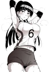  1girl armpits arms_behind_head arms_up blunt_bangs blush breasts commentary_request cowboy_shot ebino_mei elbow_pads greyscale hatsukoi_zombie high_ponytail highres large_breasts long_hair looking_at_viewer midriff_peek monochrome monpuchi navel parted_lips shirt short_shorts shorts sleeveless sleeveless_shirt solo sportswear steaming_body sweat sweatdrop thick_eyebrows volleyball_uniform white_background  rating:Sensitive score:24 user:danbooru