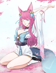 1girl absurdres ahri_(league_of_legends) alternate_hair_color animal_ear_fluff animal_ears arms_up artist_request bell black_choker blue_ribbon breasts choker cleavage facial_mark fang fox_ears fox_tail hair_bell hair_ornament highres kyuubi large_breasts league_of_legends long_hair nail_polish off_shoulder one_eye_closed petals pink_nails ribbon sitting solo spirit_blossom_ahri tail vastaya whisker_markings rating:Sensitive score:15 user:danbooru