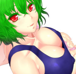  1girl bad_anatomy bad_id bad_pixiv_id breasts cleavage close-up collarbone covered_erect_nipples downblouse fingernails green_hair highres holding kazami_yuuka kinohino large_breasts looking_at_viewer nose parasol red_eyes sideboob simple_background solo swimsuit toned touhou umbrella wavy_hair white_background 