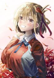  1girl blonde_hair blue_bow bow breasts commentary_request dress flower grey_dress grin hair_between_eyes hair_ribbon hand_up looking_at_viewer lycoris_recoil lycoris_uniform medium_breasts nishikigi_chisato petals pink_background red_dress red_eyes red_flower red_ribbon ribbon smile solo sutei_(xfzdarkt) two-tone_dress upper_body 