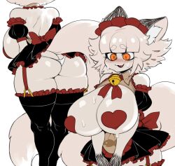  1girl animal_ear_fluff animal_ears ass bell blunt_bangs blush bow breasts cat_ears cat_girl cat_tail catmaid_(cibastion) cibastion colored_skin huge_breasts maid maid_headdress open_mouth orange_eyes original pasties short_hair smile solo sweat tail thighhighs thong white_hair white_skin 