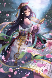  1girl architecture bare_shoulders black_hair blunt_bangs breasts bug butterfly character_request cherry_blossoms cloud cloudy_sky dress east_asian_architecture facing_away falling_flower falling_petals frilled_dress frilled_sleeves frills full_body full_moon hat highres holding holding_scroll inishie_no_megami_to_houseki_no_ite insect light_smile long_hair looking_at_viewer looking_back medium_breasts moon night official_art orange_eyes outdoors parted_bangs parted_lips petals scroll sky solo standing strapless strapless_dress tassel terai_(teraimorimori) tree very_long_hair water waterfall white_dress wide_sleeves 