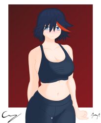  1girl absurdres black_hair blue_eyes breasts cleavage highres kill_la_kill leggings looking_at_viewer matoi_ryuuko multicolored_hair navel red_hair revealing_clothes self-upload short_hair simple_background solo sports_bra two-tone_hair 