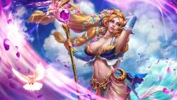  1girl aphrodite_(smite) blonde_hair blue_eyes breasts cleavage curvy highres large_breasts official_art smite solo  rating:Sensitive score:3 user:Falc&oslash;n