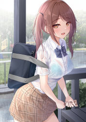 1girl bag blue_bra bow bowtie bra bra_visible_through_clothes breasts brown_hair brown_skirt collared_shirt cowboy_shot highres large_breasts leaning_forward long_hair looking_at_viewer miniskirt monaka_curl open_mouth orange_eyes original outdoors plaid plaid_skirt pleated_skirt rain school_bag school_uniform see-through shirt shirt_tucked_in skirt smile solo standing twintails underwear wet wet_clothes wet_shirt white_shirt rating:Questionable score:52 user:danbooru