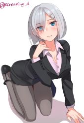 10s 1girl all_fours alternate_costume bad_id bad_twitter_id formal grey_hair hamakaze_(kancolle) high_heels highres jacket kantai_collection kneeling kyuuso_inukami office_lady pantyhose pencil_skirt short_hair simple_background skirt skirt_suit solo strappy_heels suit rating:Sensitive score:36 user:danbooru