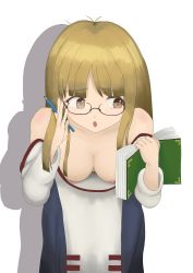  1girl absurdres arc_the_lad arc_the_lad_ii bare_shoulders blush book breasts brown_eyes brown_hair cleavage detached_sleeves downblouse glasses hanging_breasts highres holding holding_book holding_pencil large_breasts leaning_forward lieza_(arc_the_lad) long_hair nipples no_bra open_mouth pencil reading shadow simple_background solo standing white_background yarinomana 
