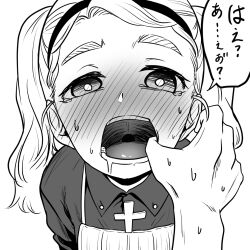  blush borrowed_character cross crucifix finger_in_another&#039;s_mouth forehead greyscale hairband harsha_(eisu) highres kashisu_mint long_hair monochrome original simple_background sweat teeth thick_eyebrows tongue twintails white_background 