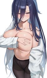  1girl absurdres black_pantyhose blue_hair blush breasts cleavage clorinde_(genshin_impact) closed_mouth collarbone collared_shirt commentary covering_breasts covering_privates english_commentary genshin_impact hair_between_eyes hand_on_own_breast hand_on_own_chest highres large_breasts long_hair long_sleeves navel no_bra open_clothes open_shirt panties panties_under_pantyhose pantyhose purple_eyes shirt simple_background single_bare_shoulder solo sp123 underwear white_background white_shirt  rating:Questionable score:17 user:danbooru