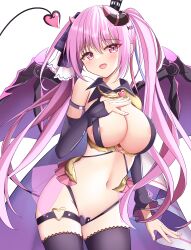  1girl :d absurdres anneliese areola_slip arm_at_side bare_shoulders belt_bra black_thighhighs blush breasts cleavage commentary_request cowboy_shot curled_horns demon_girl demon_horns demon_tail demon_wings eyes_visible_through_hair forward_facing_horns hair_between_eyes hair_ribbon hand_on_own_chest hand_up head_tilt heart heart_o-ring highres horns kimagure_temptation large_breasts long_hair looking_at_viewer navel o-ring o-ring_thigh_strap open_mouth pink_eyes pink_hair revision ribbon simple_background smile solo tail takagi-18102817 thigh_strap thighhighs tsurime twintails very_long_hair white_background wings 