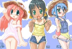 3girls bare_shoulders blue_hair blush cleft_of_venus cloud collaboration flat_chest green_eyes green_hair hat ikkyuu loli multiple_girls navel nipple_slip nipples no_panties oekaki open_clothes open_fly open_shorts overalls panties pink_hair pussy shorts source_request straw_hat striped_clothes striped_panties sun_hat tan tank_top tanline thigh_gap unbuttoned uncensored underwear unzipped rating:Explicit score:30 user:Tom23