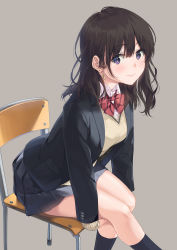  1girl absurdres black_hair black_jacket black_socks blazer blush bow bowtie breasts chair closed_mouth earrings feet_out_of_frame grey_background grey_skirt highres jacket jewelry kneehighs leaning_forward long_hair long_sleeves looking_at_viewer medium_breasts miniskirt on_chair open_clothes open_jacket original pleated_skirt purple_eyes red_bow red_bowtie school_chair school_uniform simple_background sitting skirt smile socks solo sweater_vest unasaka_ryou  rating:Sensitive score:20 user:danbooru