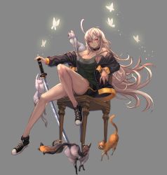  1girl absurdres black_footwear breasts bug butterfly cat chair cleavage closed_mouth converse dolphin_shorts floating_hair grey_background grey_hair gym_shorts hair_between_eyes highres holding holding_sword holding_weapon insect jacket katana knee_up long_hair looking_at_viewer medium_breasts open_clothes open_jacket original planted planted_sword planted_weapon qbspdl red_eyes shoes short_shorts shorts simple_background sitting sneakers solo strap_slip sword tank_top tsurime very_long_hair weapon 