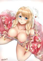  1girl athena_(granblue_fantasy) bare_shoulders blonde_hair blue_eyes blush braid breasts floral_print from_above from_below granblue_fantasy japanese_clothes kimono lipstick looking_at_viewer makeup nipples open_clothes open_kimono panties pink_kimono spread_legs thighs twitter_username underwear vipnana69 white_background white_panties  rating:Questionable score:12 user:danbooru