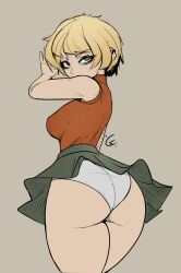  1girl against_wall aqua_eyes arm_at_side arm_up artist_logo ashley_graham ass ass_focus blonde_hair breasts capcom clothes_lift covered_mouth cowboy_shot cursed_equinox eyebrows eyelashes female_focus from_behind green_skirt grey_background huge_ass looking_at_viewer looking_back medium_breasts orange_sweater panties resident_evil resident_evil_4 short_hair simple_background skirt skirt_lift sleeveless sleeveless_sweater solo standing sweater turtleneck underwear wedgie white_panties  rating:Questionable score:33 user:Only_Kemonomimi
