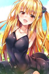10s 1girl arms_behind_back bare_shoulders black_dress blonde_hair blue_sky blurry blurry_background blush bokeh breasts cloud cloudy_sky collarbone covered_navel cowboy_shot day depth_of_field dress covered_erect_nipples hair_intakes hairpods happy highres konjiki_no_yami lens_flare long_hair looking_at_viewer medium_breasts open_mouth outdoors red_eyes ryouma_(galley) sidelocks sky sleeveless sleeveless_dress smile solo standing to_love-ru to_love-ru_darkness very_long_hair rating:Sensitive score:45 user:danbooru