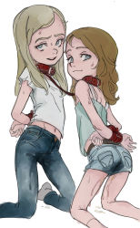  2girls absurdres animal_collar arms_behind_back bdsm belt belt_collar blonde_hair blue_eyes bondage bound brown_hair closed_mouth collar cuffs denim denim_shorts eyebrows feason female_focus flat_chest highres leash linked_collar loli long_hair looking_at_viewer multiple_girls naughty_face open_mouth original peeing peeing_self red_collar shorts simple_background slave smile stain sweat teeth upper_teeth_only wet wet_clothes  rating:Explicit score:244 user:plumpuss