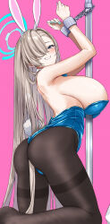  1girl animal_ears ass asuna_(blue_archive) asuna_(bunny)_(blue_archive) between_breasts between_buttocks black_pantyhose blonde_hair blue_archive blue_eyes blue_leotard blue_nails blush breasts chain cuffs detached_collar fake_animal_ears fake_tail fingernails grin hair_over_one_eye highres huge_breasts leotard light_brown_hair long_hair looking_at_viewer nail_polish official_alternate_costume pantyhose pink_background pole rabbit_ears rabbit_tail rapapa simple_background smile solo strapless strapless_leotard stripper_pole tail 