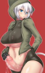  1girl artist_request blue_eyes blush breasts cum erection futanari gloves large_breasts midriff navel nipples open_mouth penis see-through simple_background skin_tight solo tail uncensored underboob white_hair  rating:Explicit score:53 user:sk0rch