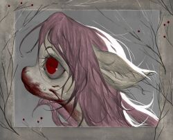  blood blood_on_face border brown_border closed_mouth fluttershy grey_background highres long_hair looking_to_the_side muted_color my_little_pony no_humans petite_ven pink_hair pony_(animal) red_eyes slit_pupils wet 