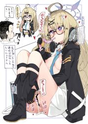  1boy 1girl ahoge artificial_insemination bar_censor black-framed_eyewear black_footwear black_gloves blonde_hair blue_archive blue_halo blue_necktie blush boots braid breasts censored choker collared_dress comiket_102 commentary_request condom cum doodle_sensei_(blue_archive) dress drinking_from_condom full_body gloves gokkun hair_ornament hairclip halo headphones headphones_around_neck heart heart-shaped_pupils highres impregnation insemination kotama_(blue_archive) long_hair medium_bangs medium_breasts necktie nipples open_clothes open_dress open_mouth pregnant purple_eyes pussy sensei_(blue_archive) single_braid sitting solo_focus symbol-shaped_pupils translated two-tone_gloves ukyo_rst used_condom very_long_hair white_background white_dress yellow_gloves  rating:Explicit score:36 user:danbooru