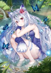  ahoge animal_ear_fluff animal_ears animal_hands armpits barefoot blush braid brown_dust_2 bug butterfly cat_ears cat_girl cat_paws dew_drop dress eyebrows_hidden_by_hair flower forest grass grey_hair hair_between_eyes hair_flower hair_ornament in_water insect lake long_hair natsume_koji nature purple_dress red_eyes rou_(brown_dust) signature sitting smile sparkle squatting thigh_strap tiara tree very_long_hair water_drop 