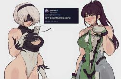  2b_(nier:automata) 2girls black_gloves black_hairband black_leotard blindfold blush bodysuit breasts brown_hair cellphone closed_mouth commentary cowboy_shot english_commentary eve_(stellar_blade) fingerless_gloves gloves green_bodysuit grey_background hairband highres holding holding_phone leotard lips long_hair looking_at_another medium_breasts mole mole_under_eye multiple_girls muscular muscular_female nier:automata nier_(series) phone ponytail short_hair simple_background smartphone stellar_blade tweet white_gloves white_hair white_leotard yellow_eyes yoracrab 