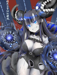  1girl abyssal_ship akino_shuu atoll_aircraft_carrier_anchorage_princess belt black_belt black_dress black_hair blue_eyes breasts character_name chest_harness cleavage collarbone colored_skin commentary_request cowboy_shot dress grin harness horns kantai_collection large_breasts long_hair looking_at_viewer smile solo teeth tongue translation_request white_horns white_skin 