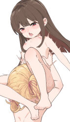  2girls absurdres barefoot blonde_hair blush brown_hair child_on_child commentary_request completely_nude cunnilingus female_focus flat_chest hair_ribbon highres loli long_hair multiple_girls nipples nude open_mouth oral original pink_hair red_eyes red_ribbon ribbon saliva shiratama_mochi short_hair simple_background sweat toes white_background yuri 